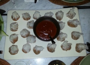 minced coriander walnut rice dumplings with spicy cranberry onion balsamico dip